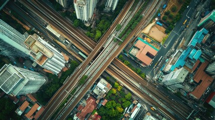 Aerial view of city intersection with roads, railways, and buildings.