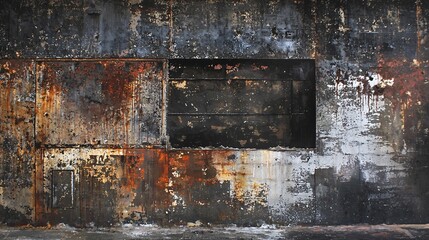 Fototapeta premium This image captures industrial decay with a rusting factory, crumbling concrete, and chipped paint, reflecting lost productivity and the passage of time in an urban landscape.