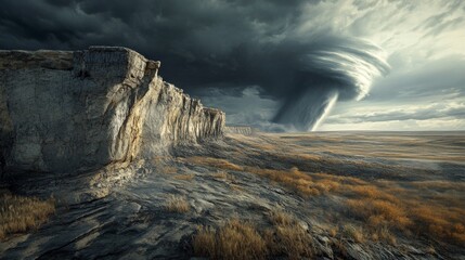 A tornado forming near a rocky cliff on the edge of a prairie, the cliff's jagged edges detailed and weathered