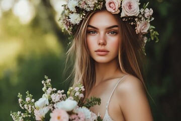 Naklejka premium Sexy slim beautiful young woman with a floral crown holding a bouquet, half-body portrait, bohemian style, celebrating Mother's Day in a rustic, natural setting. 