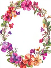 An oval frame with colorful bougainvillea and small tropical blossoms, perfect for exotic weddings on white background