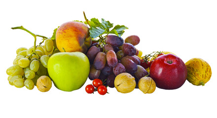 Grapes and other fruits on a white background