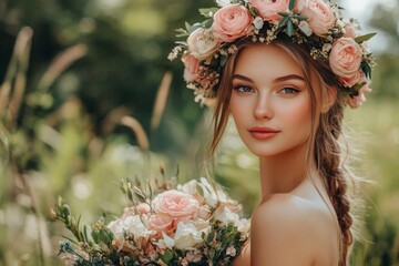 Naklejka premium Sexy slim beautiful young woman with a floral crown holding a bouquet, half-body portrait, bohemian style, celebrating Mother's Day in a rustic, natural setting. 