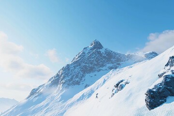 A snow-laden summit rises proudly under a clear blue sky, highlighting winter's rugged beauty with its bright white covering against dark rocky cliffs, beckoning for adventure.