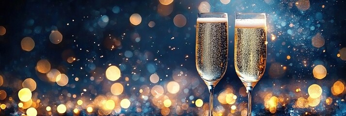 Elegant celebration with two glasses of sparkling champagne, festive toast, shimmering background, New Year's Eve ambiance, festive occasion spirit