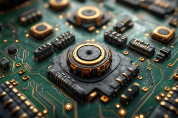 Close-up of a complex circuit board with intricate components and connections.