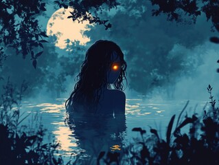 Shadowy figure glowing eyes by a river, mysterious forest night, haunting presence