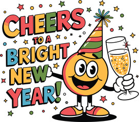 A smiling character in a party hat, raising a glass of champagne with the vibrant text