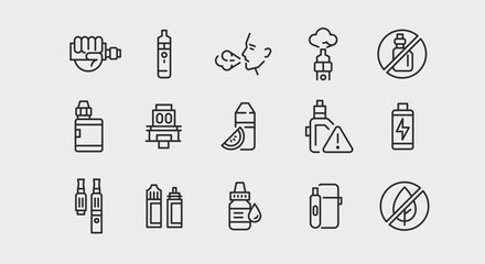 Vaping icons. Set of 15 vaping trendy minimal icons. Hand holding vape, vape pen, e-liquid bottle and person vaping icon. Design signs for web page, mobile app, packaging design. Vector illustration