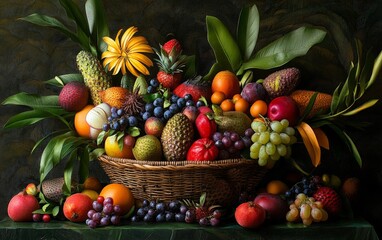 A basket of exotic and unusually colored fruits, creating a vibrant and intriguing arrangement