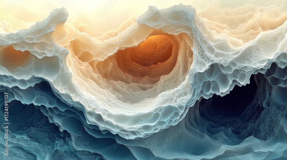 Poster abstract representation of layered waves with soft colors.