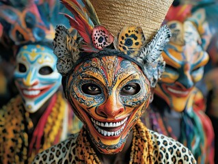 Detailed cultural masks with expressive designs, traditional masks, folklore art