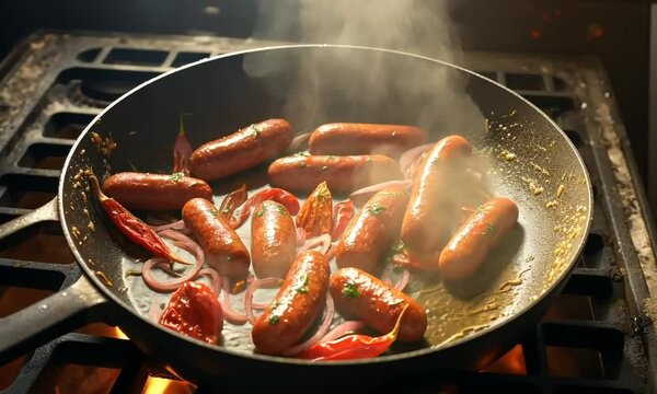 sausage cooking in pan on dark background