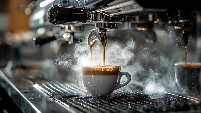 Espresso Machine Pouring Steaming Coffee Into Cup