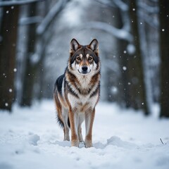 Majestic wolf standing in snowy winter forest