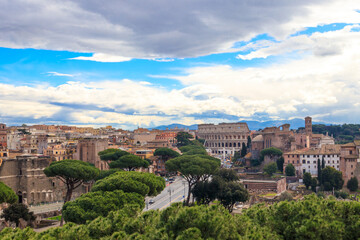 View of historical center of Rome with Colosseum from monument of Vittorio Emanuele Vittoriano observation deck, Italy