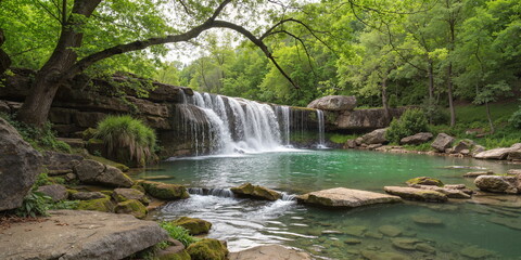 Fototapeta premium Serene waterfall cascading into turquoise pool in lush forest