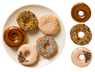 A variety of donuts from shot from above. Some on a white plate and others isolated on a transparent background. 