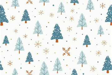 A cozy snow-themed Christmas pattern showcasing intricate snowflakes, soft winter tones, and snowy trees for a warm, festive design..