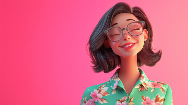 cheerful 3D cartoon character of a young woman wearing a green floral print shirt, set against a soft pink felt background - Powered by Adobe
