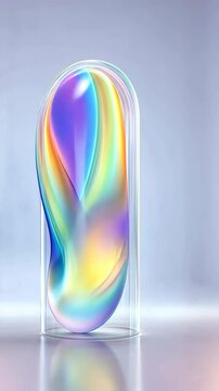 Multicolored liquid-soap art displayed in a sleek transparent container with a modern touch