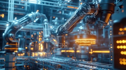 Fototapeta premium Futuristic robotic arms in a high-tech factory, performing automated tasks on a production line.