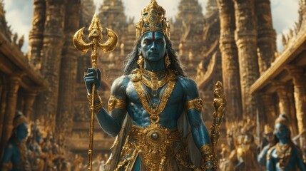 Fototapeta premium Gigantic Yaksha guardian with blunt weapon, intricate golden details, sacred palace temple design