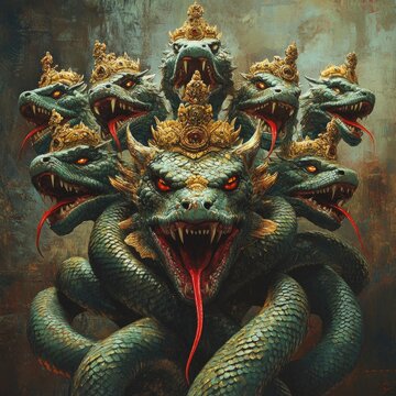 Mythological Naga serpent with seven heads, emerald green body, fierce protective presence