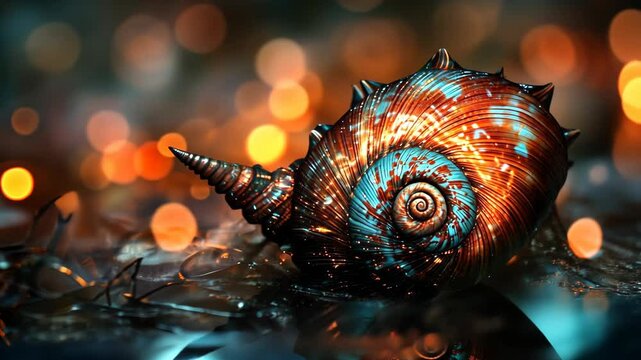 Beautifully detailed seashell reflecting vibrant colors against a blurred background of warm lights