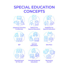 Special education blue gradient concept icons. Inclusive classes for students in school. Integrative learning programs. Icon pack. Vector images. Round shape illustrations for articles. Abstract idea