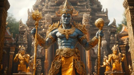 Fototapeta premium Yaksha guardian with golden armor, sacred palace courtyard, defensive posture, mystical energy ribbons