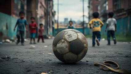 Children playing soccer in an urban setting with a worn-out ball in focus.