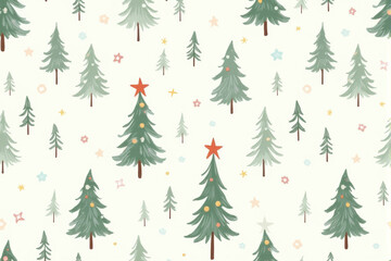 Obraz premium A detailed Christmas tree pattern featuring evergreen pines, decorated garlands, and shining stars in a seamless holiday layout..
