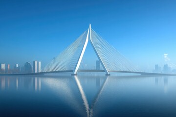 Fototapeta premium A modern bridge with a sleek design reflected in calm water under a clear blue sky.