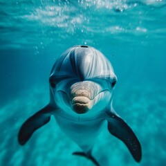 Obraz premium A close-up of a dolphin face as it swims underwater, its eyes sparkling with intelligence