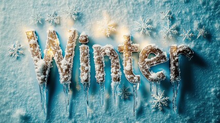 An artistic typography of the word "Winter" adorned with sparkling icicles and glowing snowflakes, set on a gradient blue and white frosted canvas, illuminated by subtle backlight