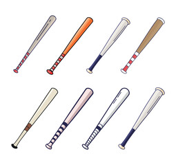 Baseball Bat Clip Art Illustration Vector Bundle Set, Professional Baseball Bat Sport Isolated Equipment Element, Baseball Exercise Champion Abstract Baseball Outline Icon Symbol Vector Silhouette Set