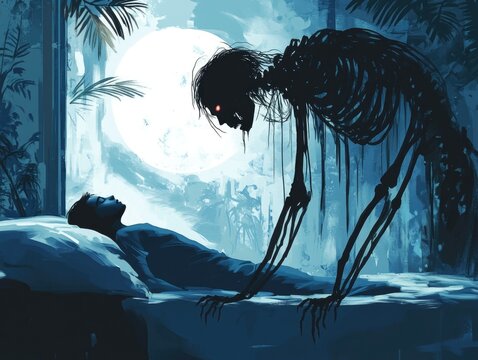 Haunting Phi Am ghost at moonlit bedside, Thai folklore shadowy figure, sleep paralysis depiction