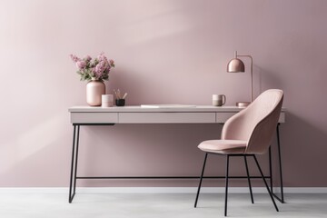 minimalist style work office, desk, chair, pink wall background