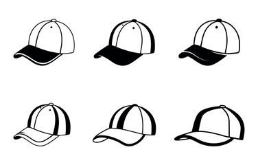 Baseball Cap Clip Art  Vector Collection, American Baseball Cap Sport Isolated Equipment, Baseball Cap Drawing Abstract Baseball Outline Icon symbol Vector Set