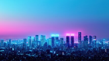 Obraz premium 5G technology and expansion, A vibrant city skyline at dusk, featuring illuminated buildings against a gradient of purple and blue hues.