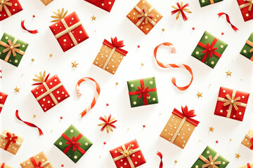 A vibrant Christmas pattern featuring brightly wrapped presents, decorative bows, and holiday tags, creating a festive and celebratory vibe..
