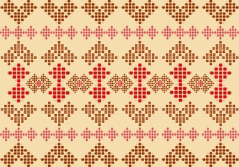 Folk Heart Geometric Tapestry : pattern inspired by traditional folk art, featuring pixelated hearts and geometric shapes in earthy tones and vibrant red on a neutral beige background.
