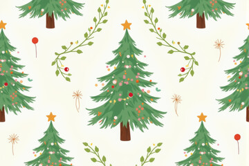 Obraz premium A detailed Christmas tree pattern featuring evergreen pines, decorated garlands, and shining stars in a seamless holiday layout..