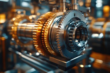 Obraz premium Close-up of intricate metallic gears in a machine, showcasing engineering precision.