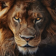 Naklejka premium A close-up of a lion fierce eyes, its mane blowing in the wind