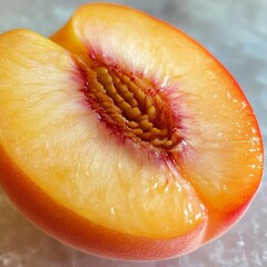 A close-up of a peach cut in half, showing the juicy flesh and large stone inside
