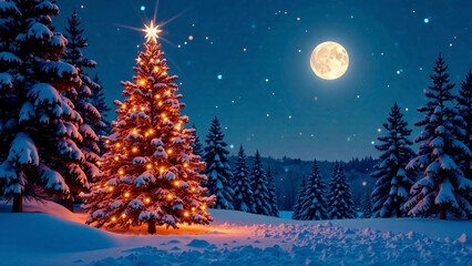 Fototapeta premium Big Christmas tree decorated with yellow lights at winter snowy forest in the night 