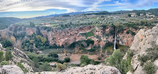 Panoramic View of "El Salto de la Novia" Waterfall in Navajas, Castellón, Spain