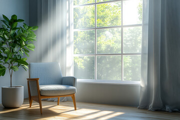 Soft sunlight streams through a window illuminating a cozy chair next to a potted plant